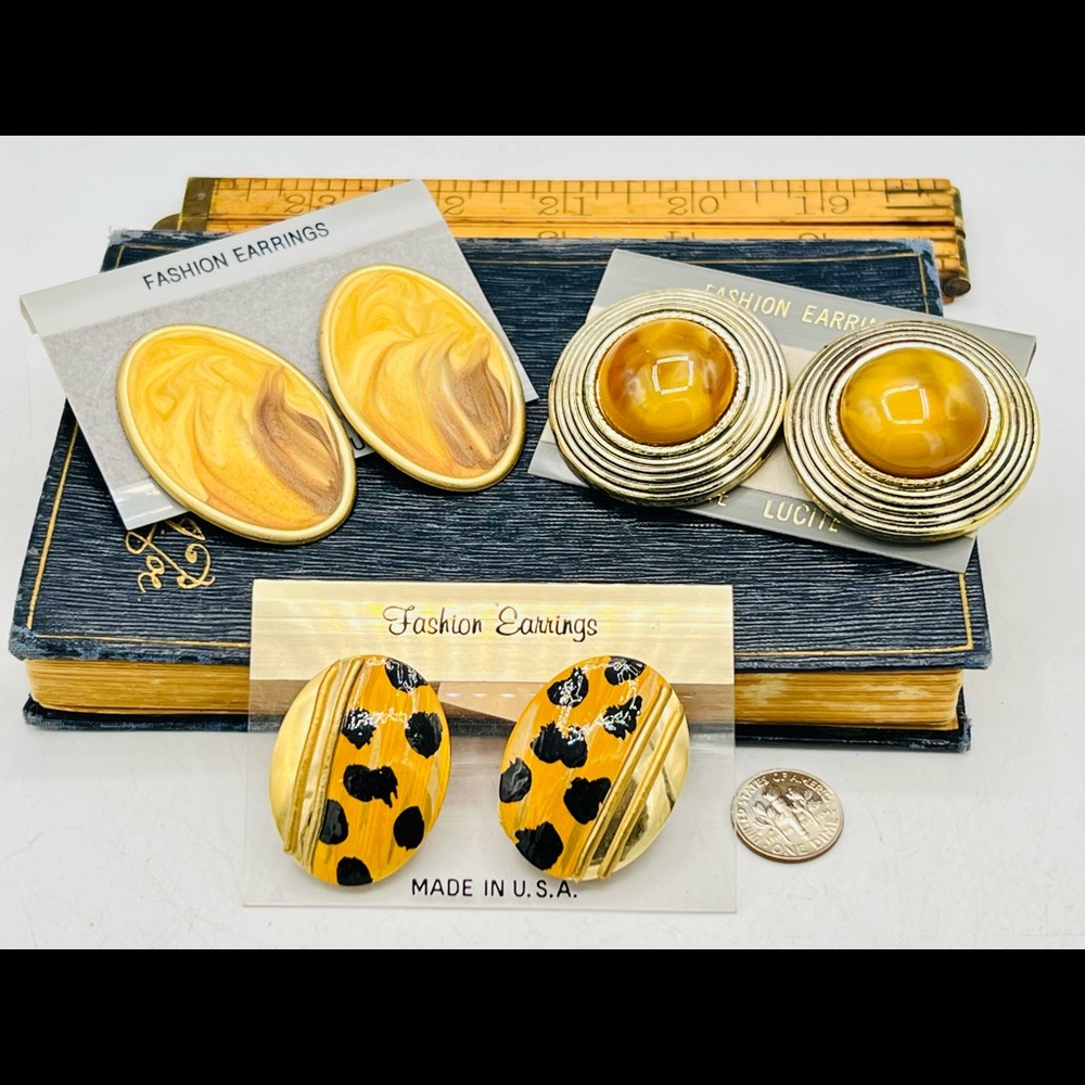 3 pairs vintage new old stock chunky gold pierced earrings